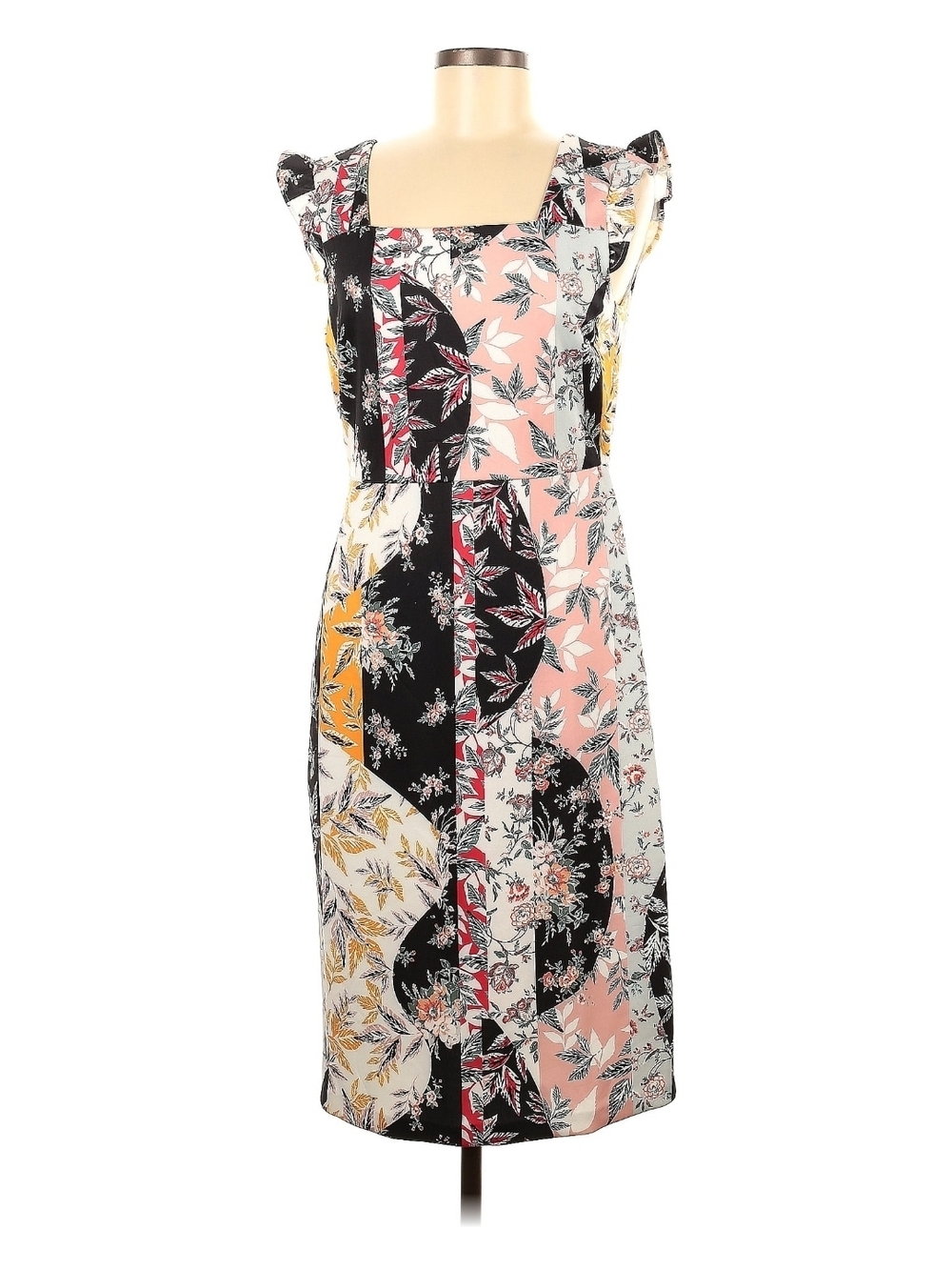 Sam Edelman Patchwork Floral Midi Dress in Pink, Black & Yellow